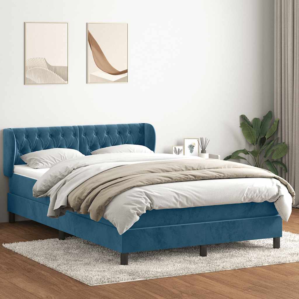 Box Spring Postel S Matrací Tmavě Modrá Samet Tmavě Moddrá