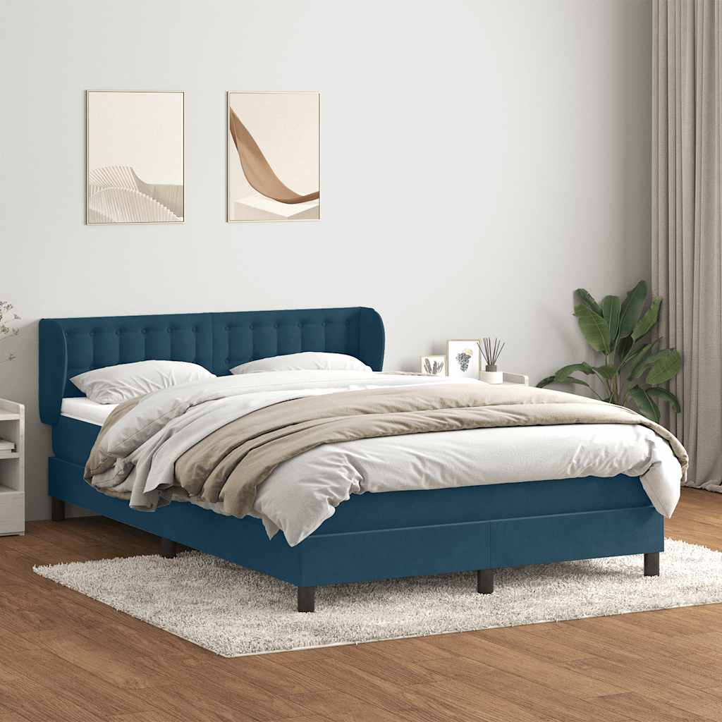 Box Spring Postel S Matrací Tmavě Modrá Samet Tmavě Moddrá