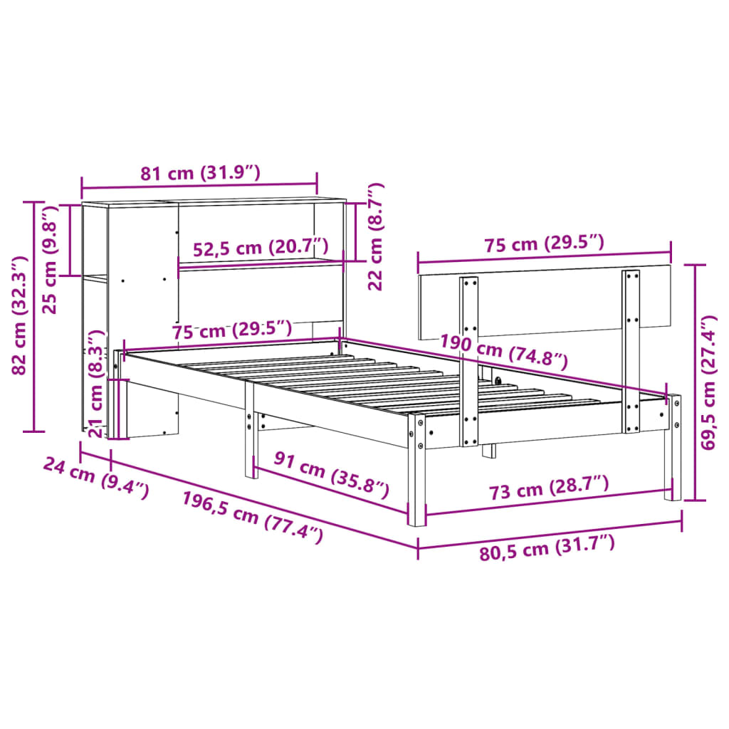 Postel S Knihovnou Bez Matrace Bílá 75X190 Cm Masivní Borovice