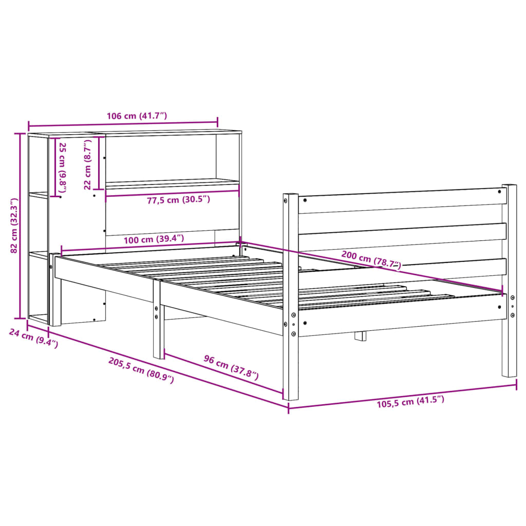 Postel S Knihovnou Bez Matrace 100 X 200 Cm Masivní Borovice Tmavě Hnědá