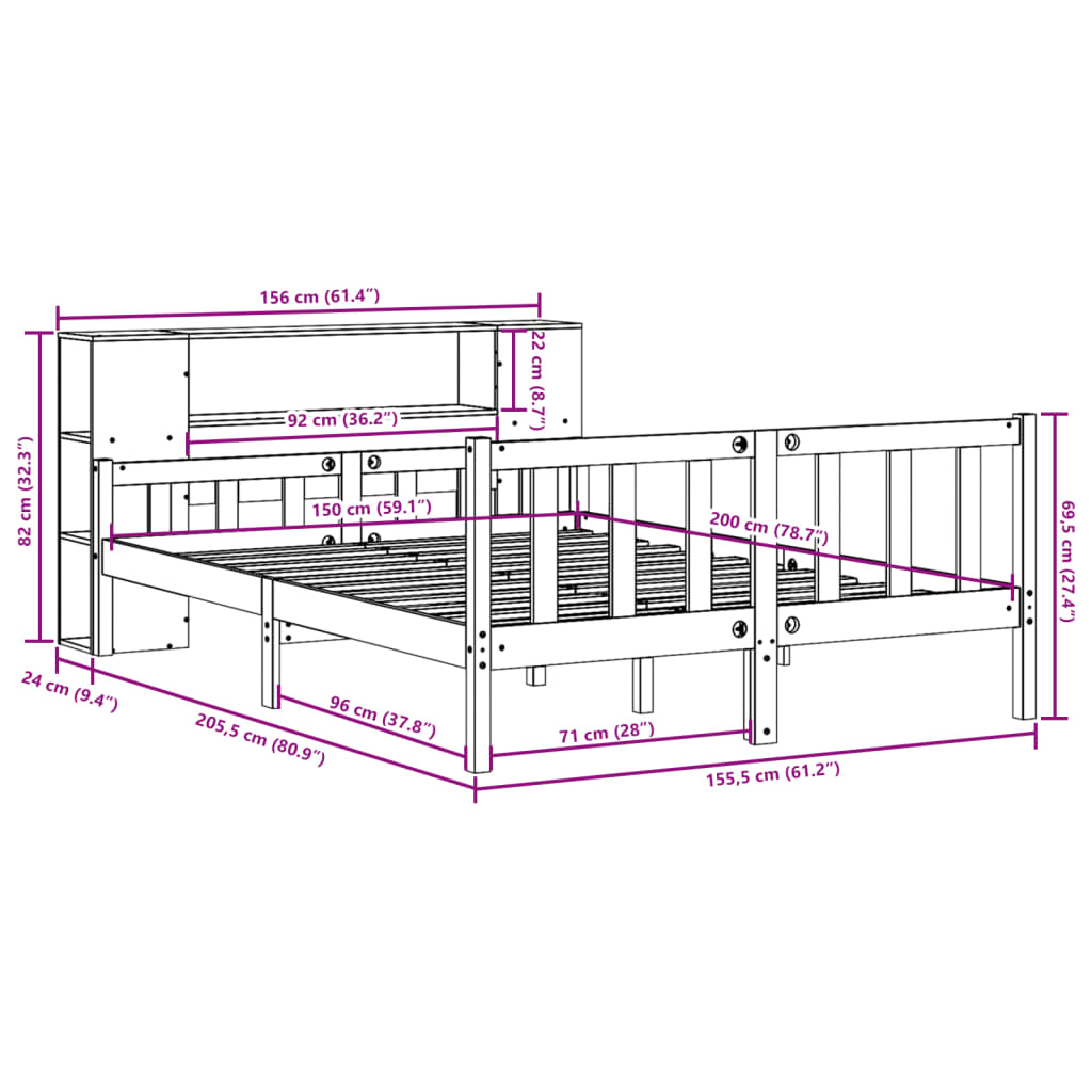 Postel S Knihovnou Bez Matrace Bílá 150X200 Cm Masivní Borovice