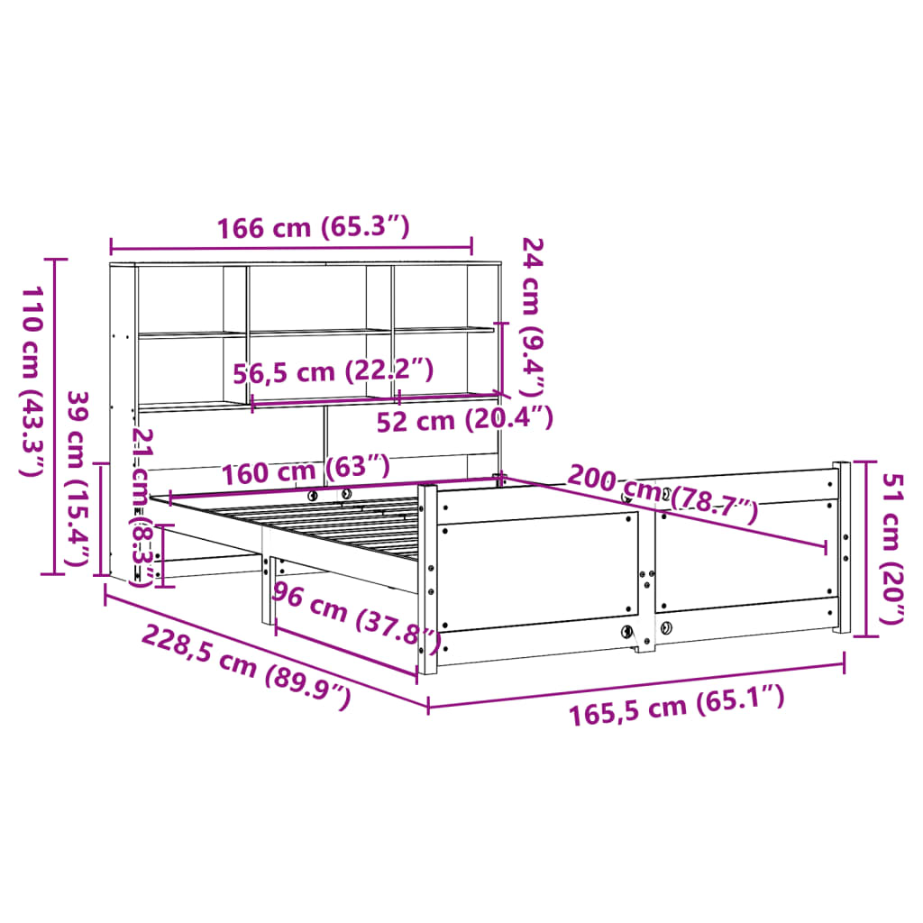 Postel S Knihovnou Bez Matrace Bílá 160X200 Cm Masivní Borovice