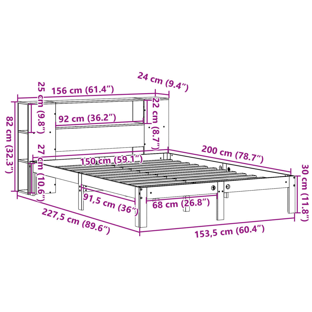 Postel S Knihovnou Bez Matrace Bílá 150X200 Cm Masivní Borovice