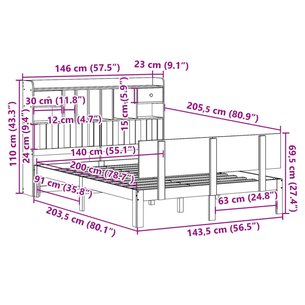 Postel S Knihovnou Bez Matrace Bílá 140X200 Cm Masivní Borovice