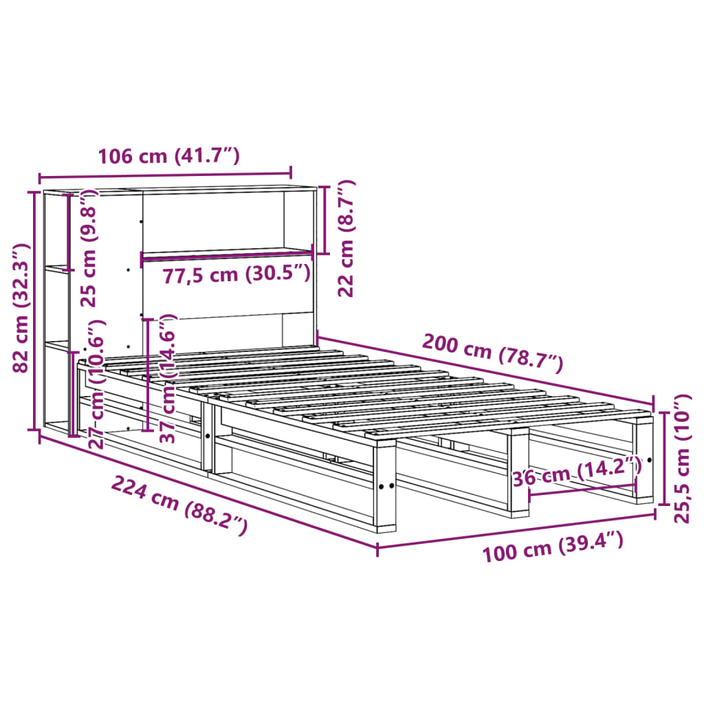Postel S Knihovnou Bez Matrace 100 X 200 Cm Masivní Dřevo