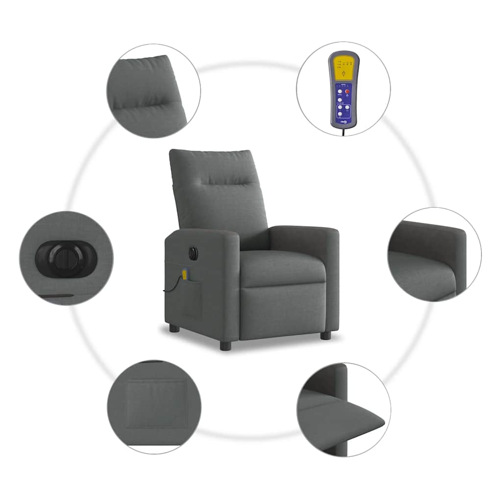 Elektrické Masážní Polohovací Křeslo Tmavě Šedé Textil Tmavě Šedá