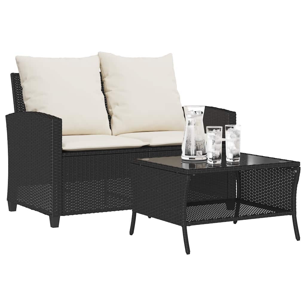 Zahradní Pohovka 2-Sedák S Polštáři&Stůl Black Poly Rattan