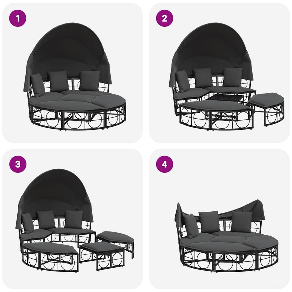 Zahradní Pohovka Se Střechou A Poduškami Černá Polyratan