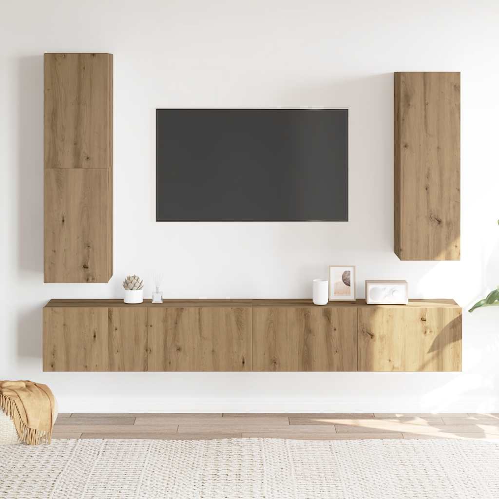 Sada 4 Kusů Nástěnné Tv Skříňka Dub Artisan Kompozitní Dřevo Krémová