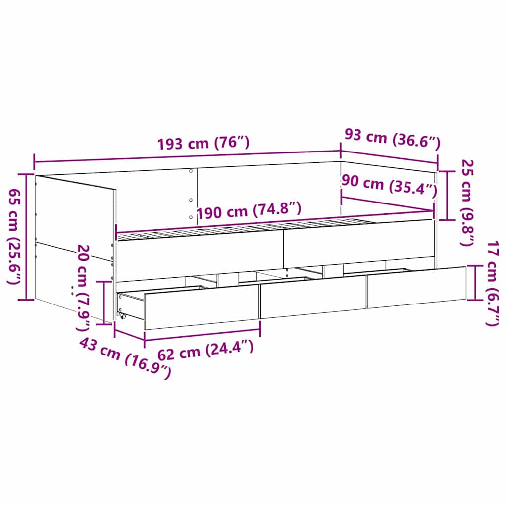 Daybed Se Zásuvkou Staré Dřevo 90 X 190 Cm Kompozitní Dřevo