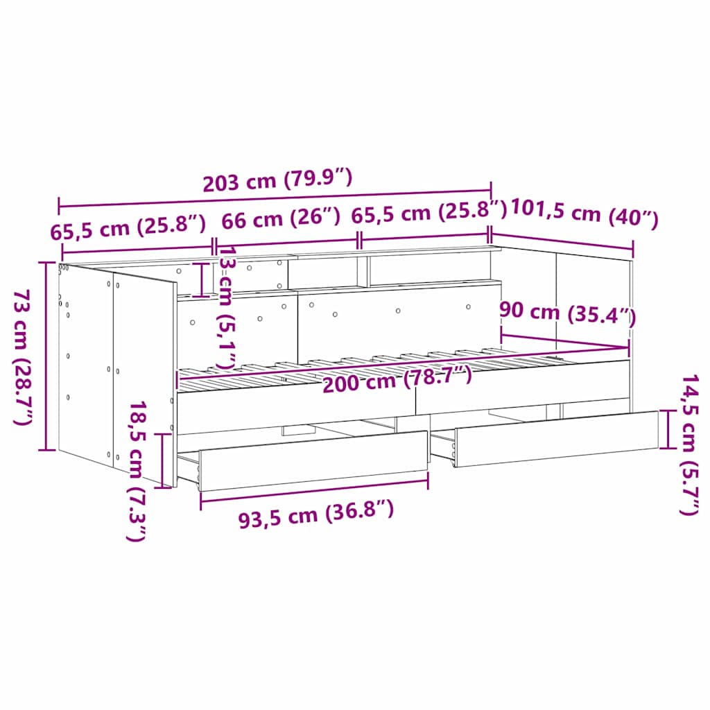 Daybed Se Zásuvkou Staré Dřevo 90 X 200 Cm Kompozitní Dřevo