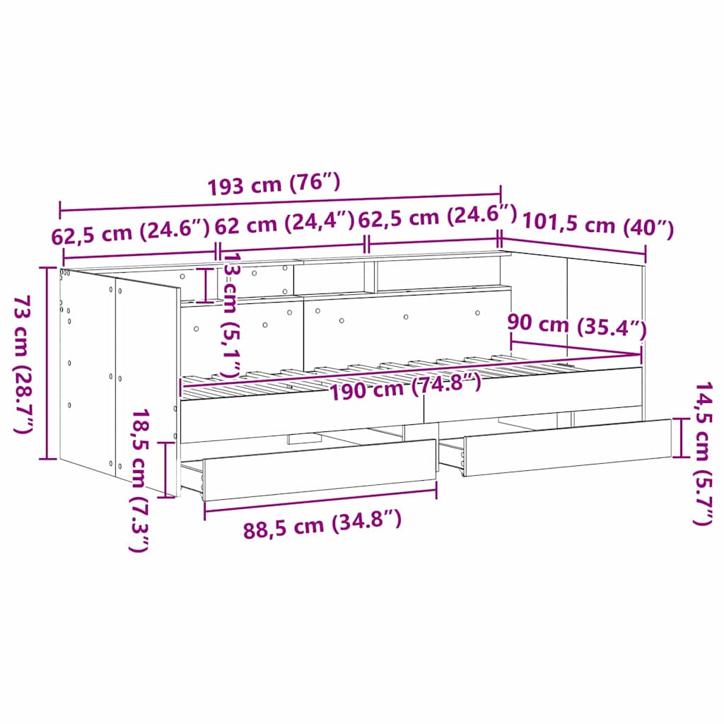 Daybed Se Zásuvkou Staré Dřevo 90 X 190 Cm Kompozitní Dřevo