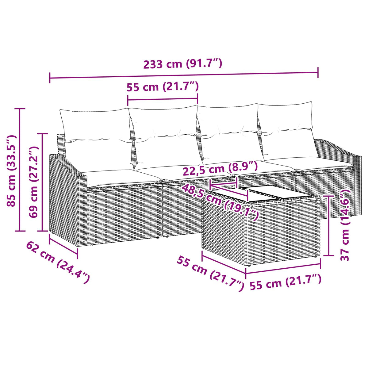 Set Pohovek 5 Ks 3-Počet Míst Černá A Tyrkysová Polyratan