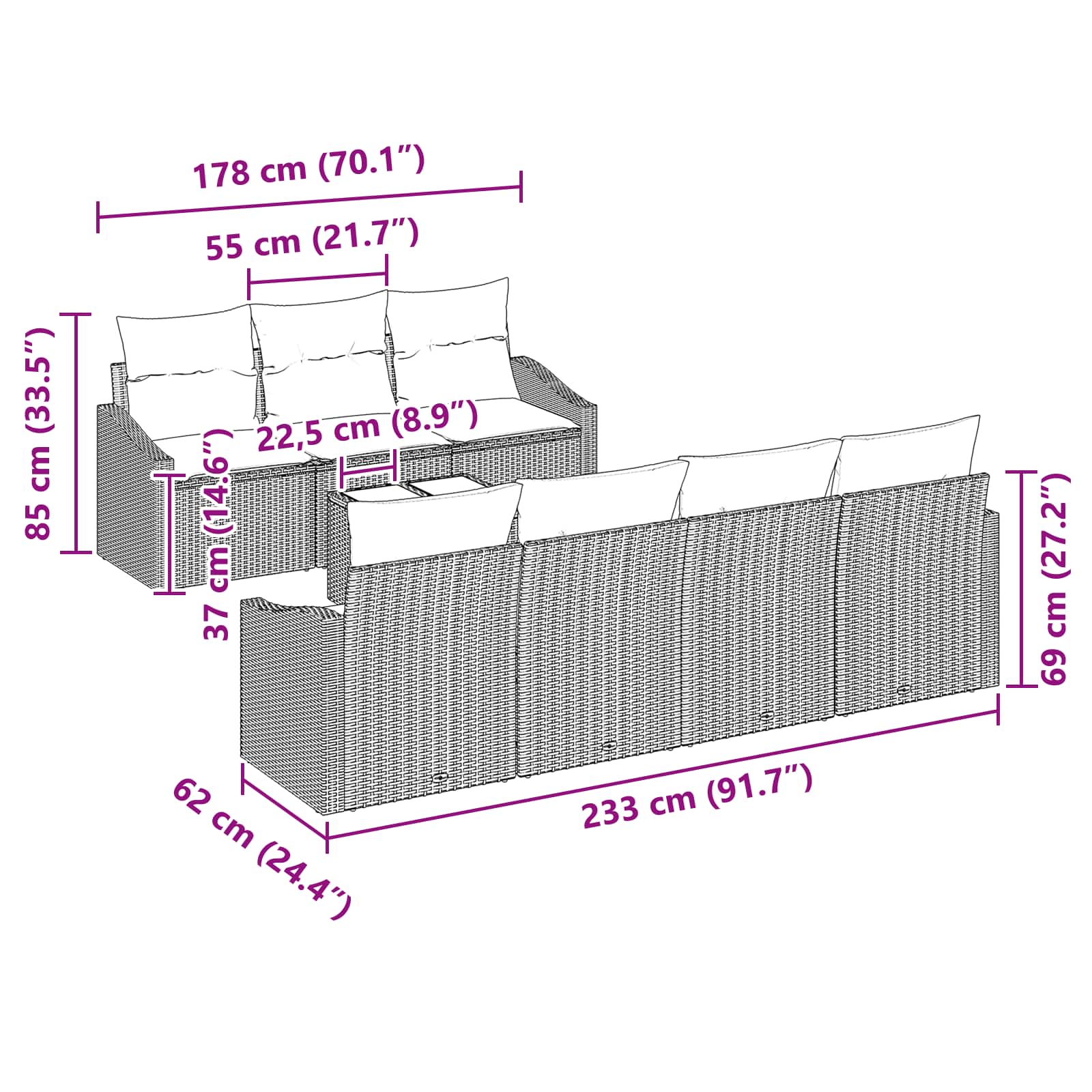 Set Pohovek 8 Ks 3-Počet Míst Černá A Tyrkysová Polyratan