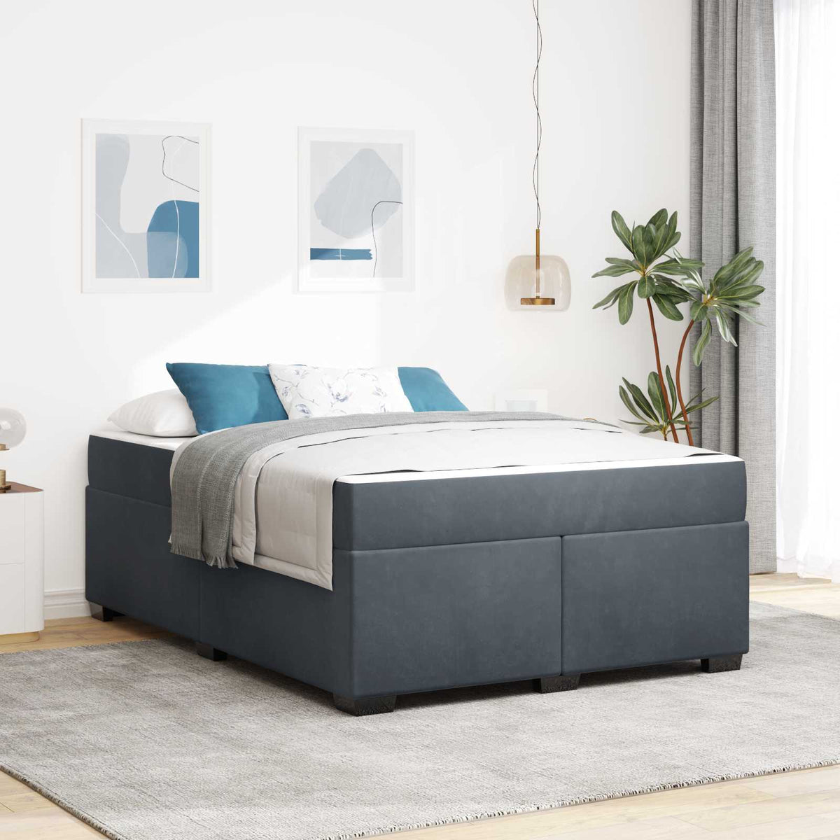 Rám Postele S Matrací Tmavě Modrá Textil