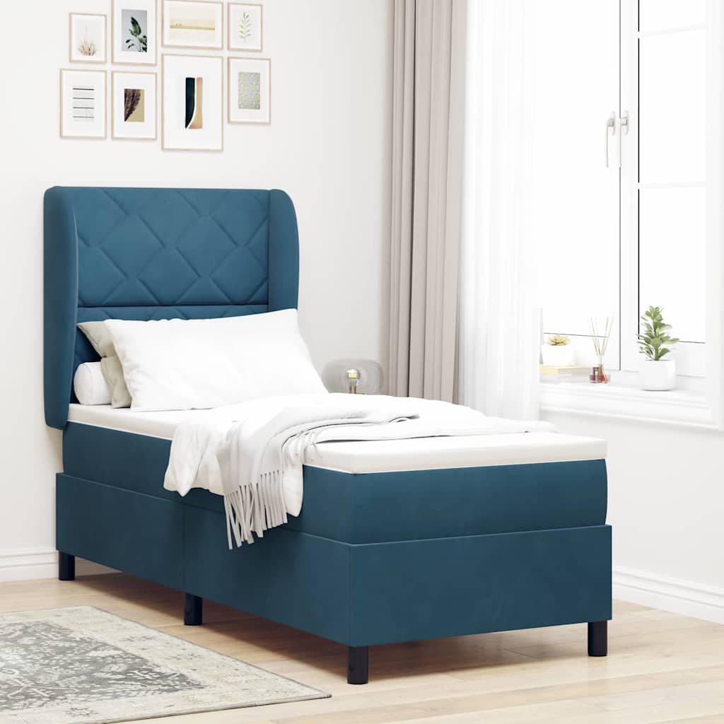Postel S Boxspringem S Čelo Tmavě Modrá 200 X 80 Cm Samet