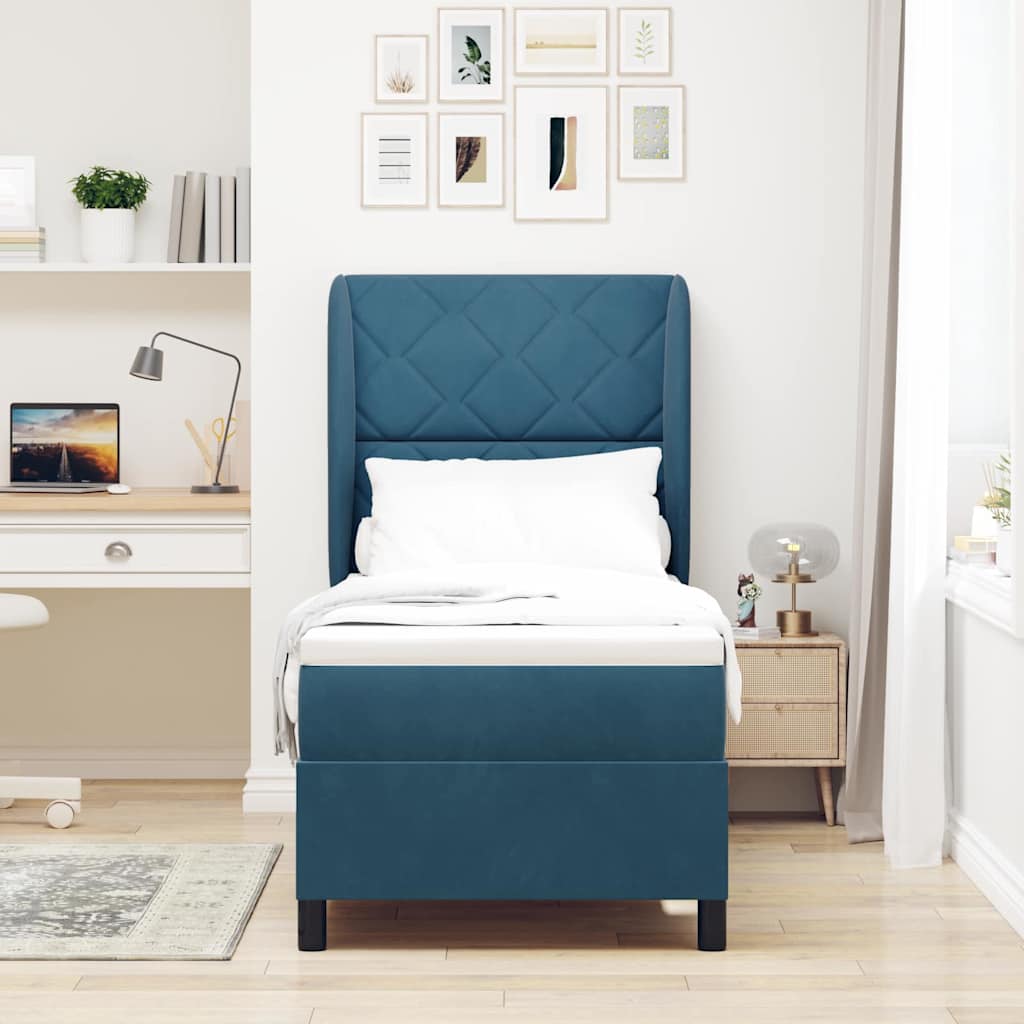 Postel S Boxspringem S Čelo Tmavě Modrá 200 X 80 Cm Samet