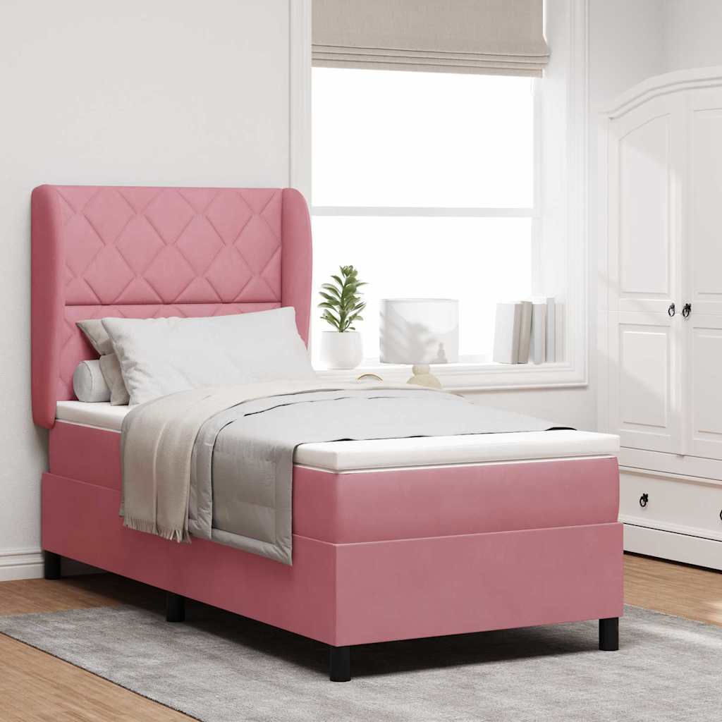 Postel S Boxspringem S Čelo Růžová 200 X 90 Cm Samet