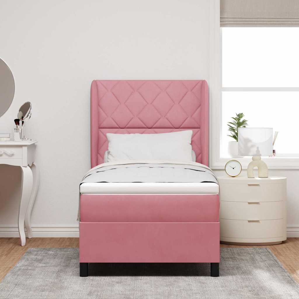 Postel S Boxspringem S Čelo Růžová 200 X 90 Cm Samet