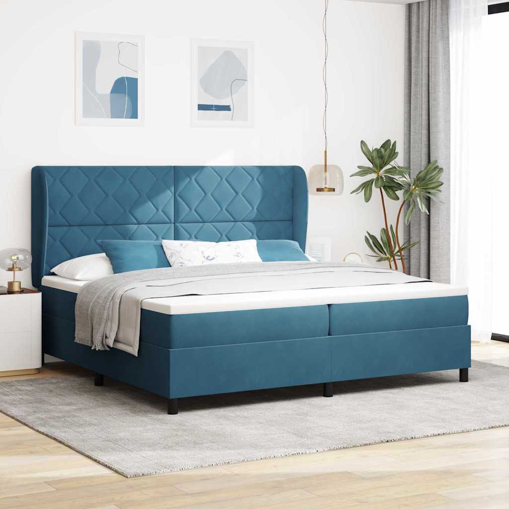 Postel S Boxspringem S Čelo Tmavě Modrá 200 X 200 Cm Samet