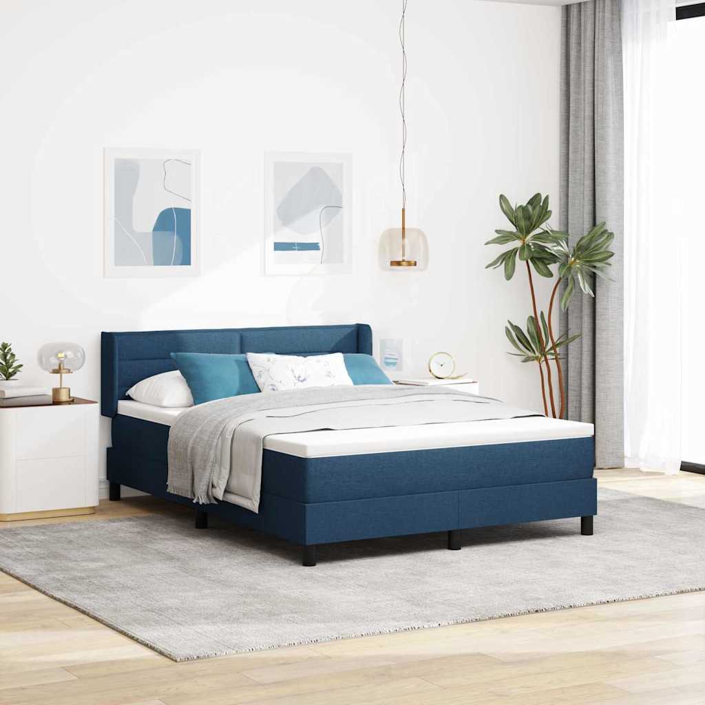 Postel S Boxspringem S Čelo Modrá 190 X 140 Cm Textil