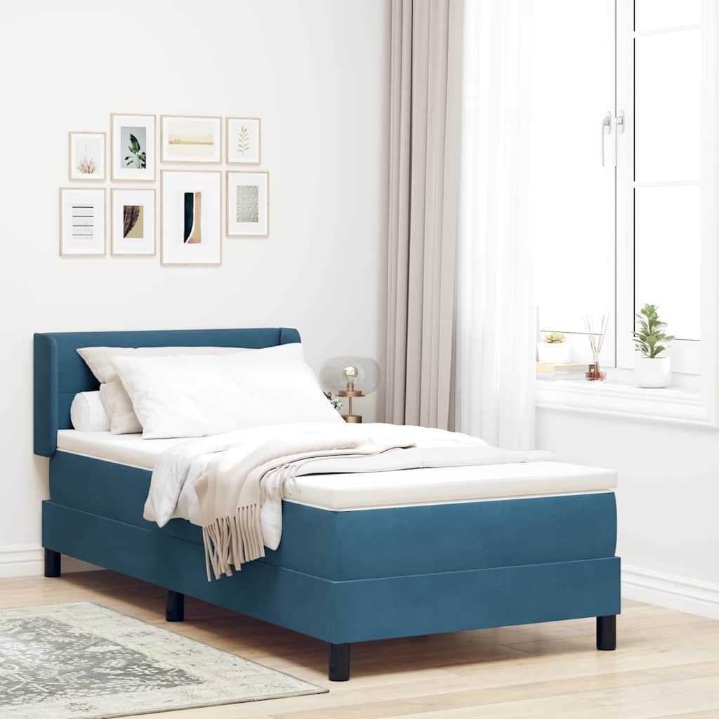 Postel S Boxspringem S Čelo Tmavě Modrá 200 X 90 Cm Samet