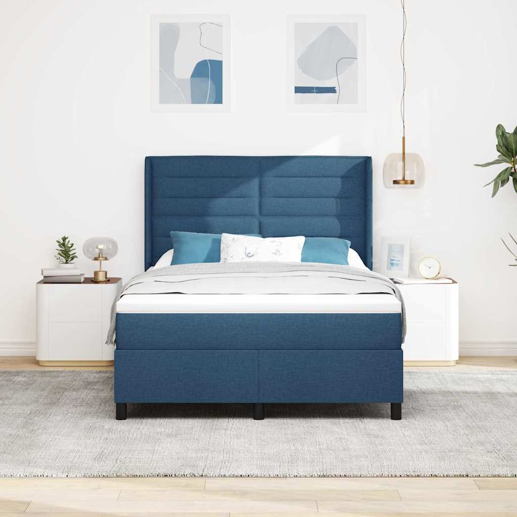 Postel S Boxspringem S Matrací S Čelo Modrá 190 X 140 Cm Textil