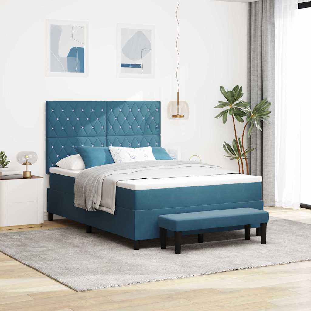 Postel S Boxspringem S Čelo Tmavě Moddrá 190 X 140 Cm Samet