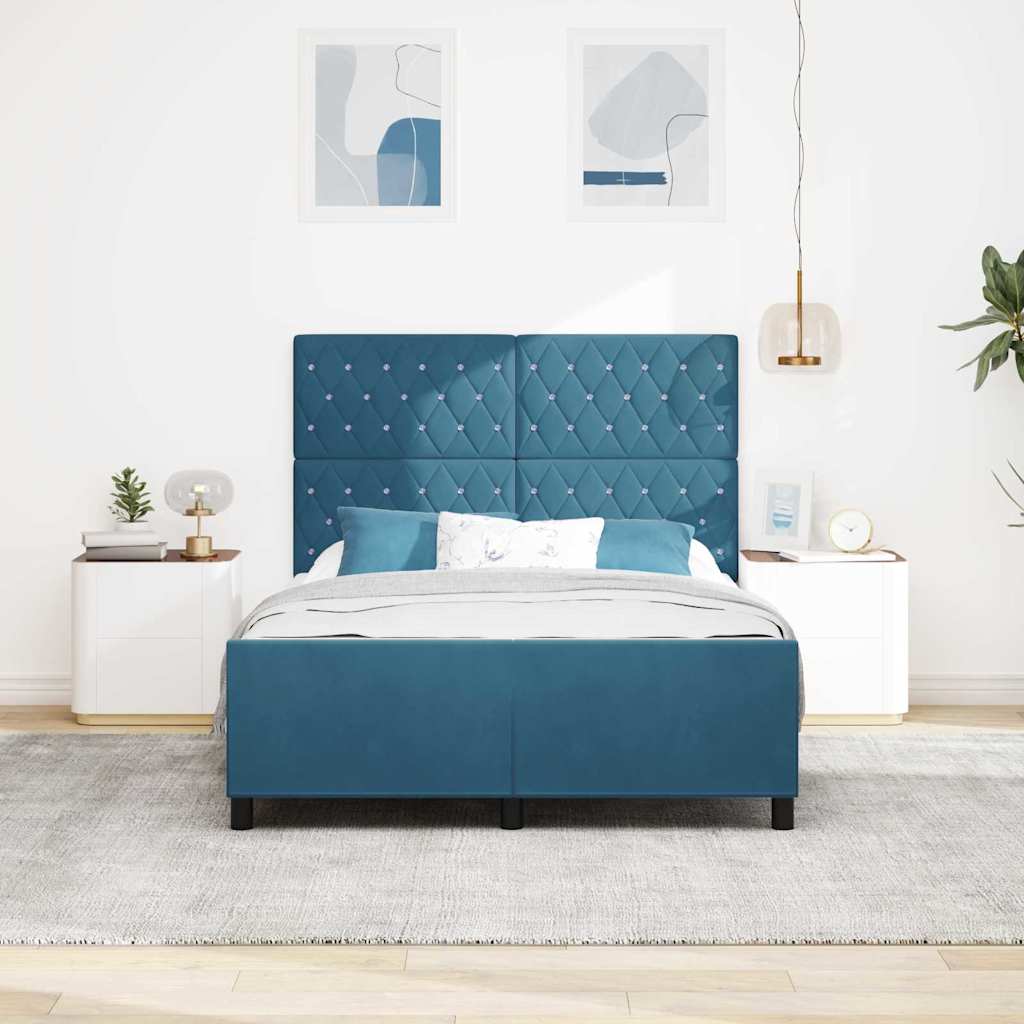 Postel S Boxspringem S Čelo Tmavě Modrá 140 X 190 Cm Samet