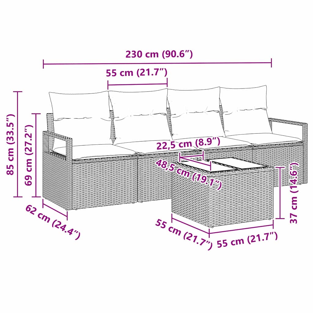 Set Pohovek 5 Ks 4-Počet Míst Hnědá A Krémová Polyratan