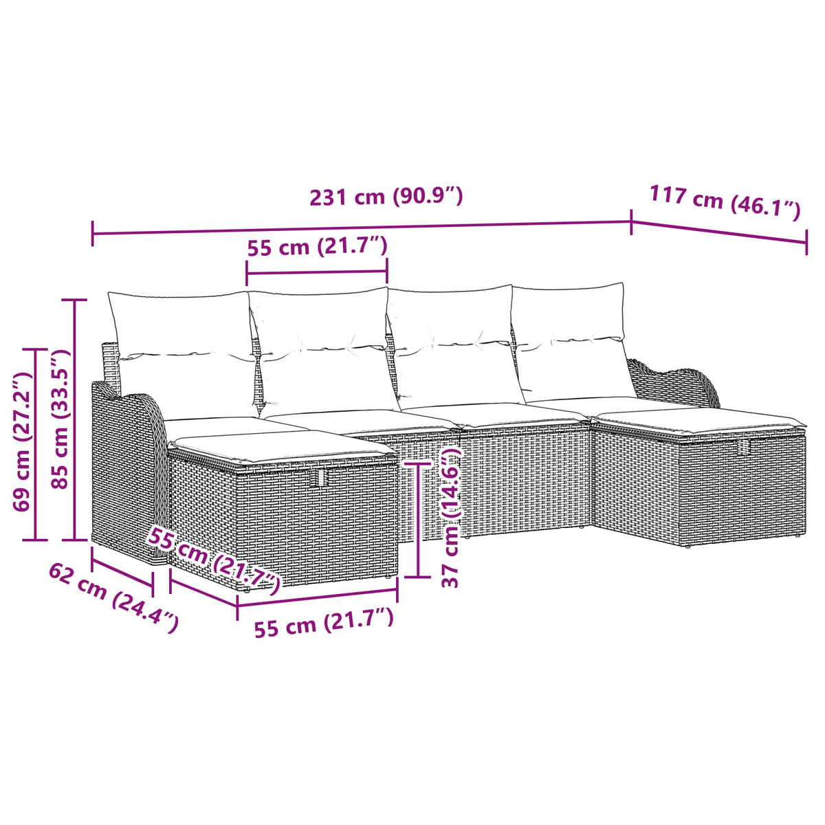 Set Pohovek 6 Ks 6-Počet Míst Šedá A Námořnická Polyratan