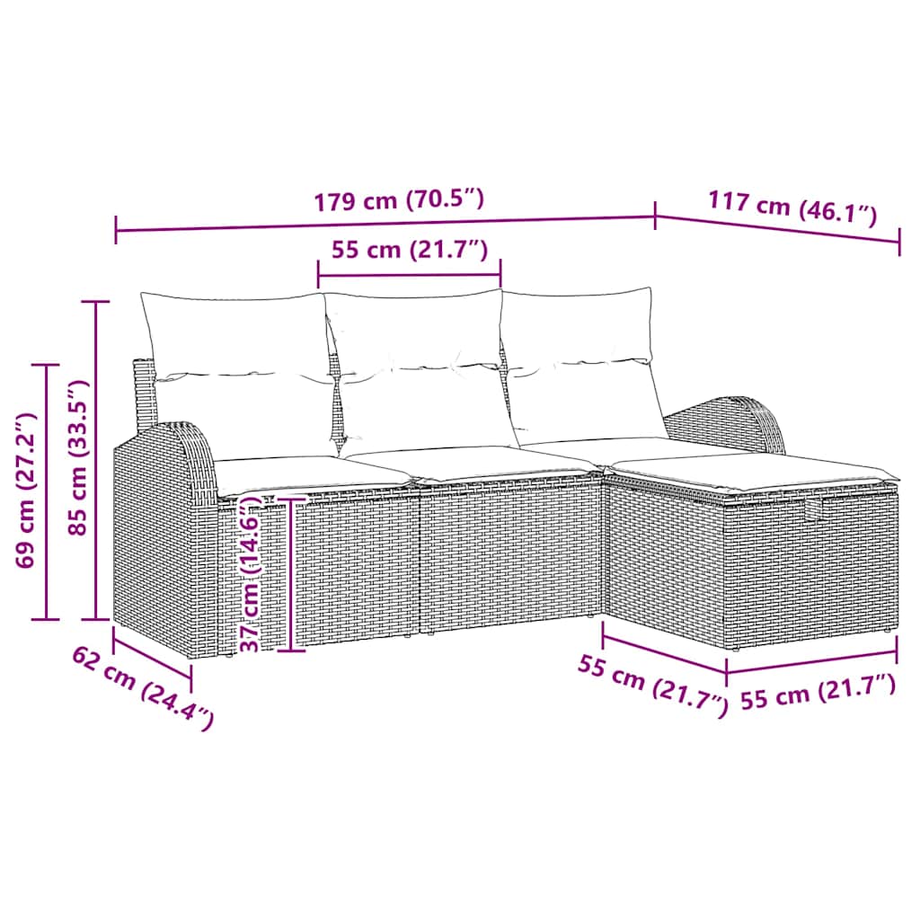 Set Pohovek S Polštářem S Úložištěm 4 Pcs Šedá Polyratan