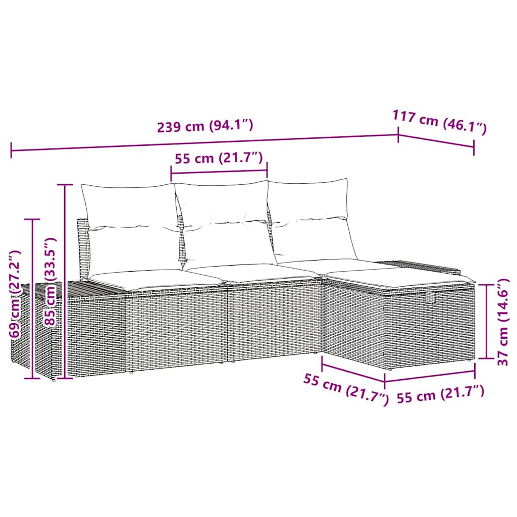 Sada Zahradních Pohovek S Polštářem 4 Pcs Šedá Poly Ratan