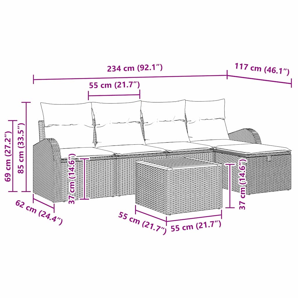 Sada Zahradních Pohovek S Polštářem 6 Pcs Šedá Polyratan