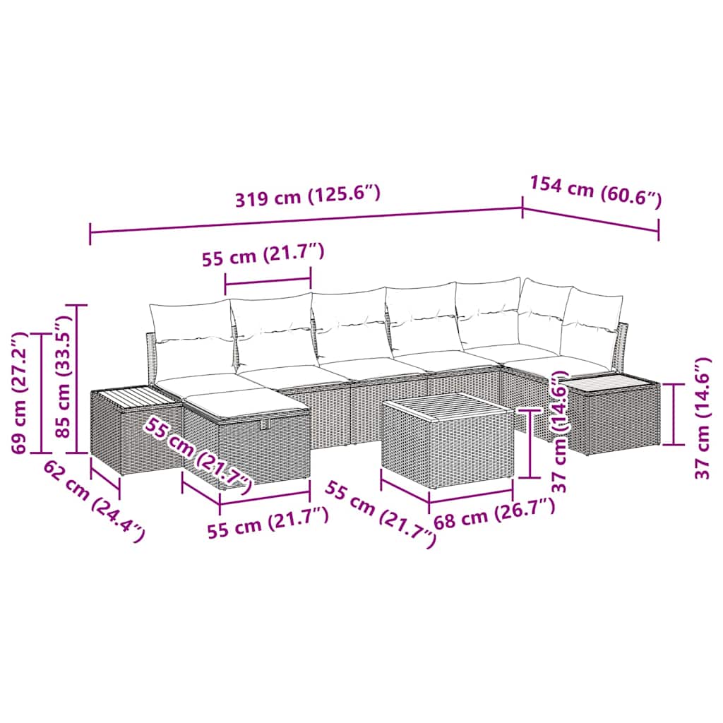 Sada Zahradních Pohovek S Polštářem 8 Pcs Šedá Polyratan
