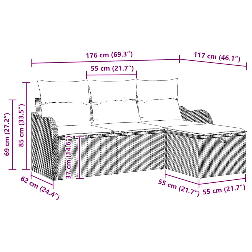 Sada Zahradních Pohovek S Polštářem 4 Pcs Šedá Poly Ratan
