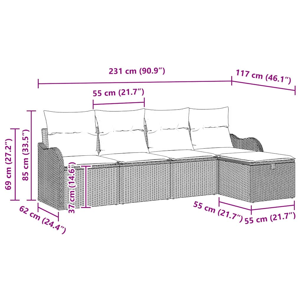 Sada Zahradních Pohovek S Polštářem 5 Pcs Šedá Poly Ratan