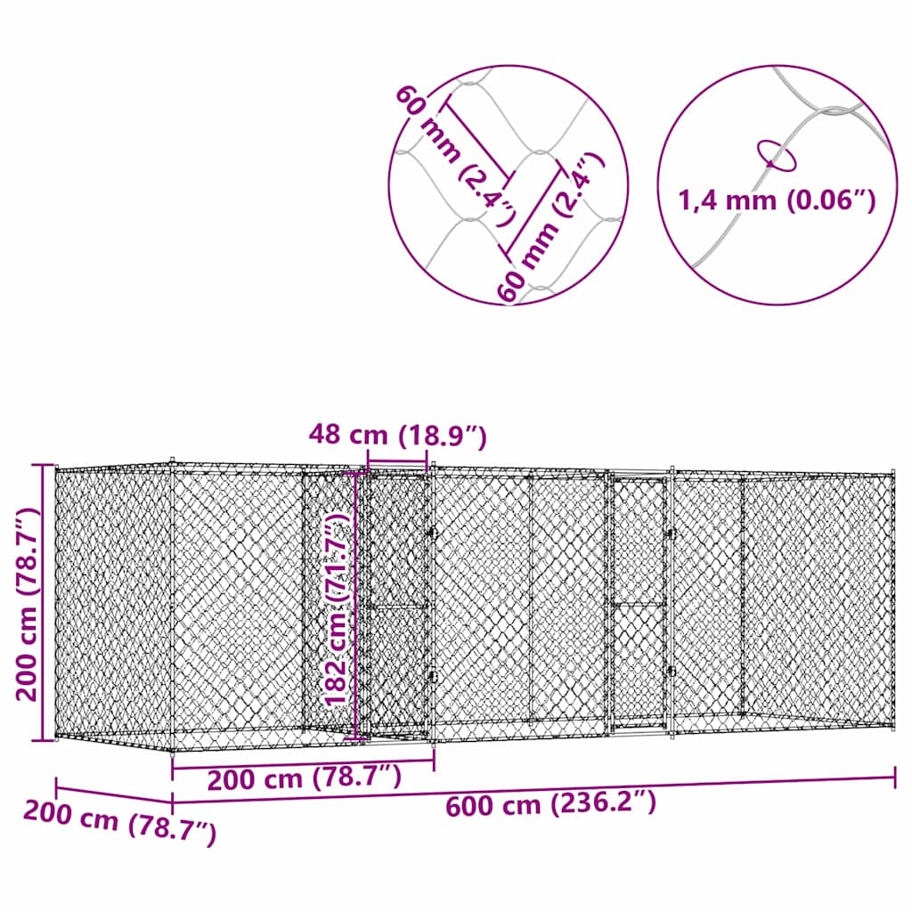 Klec Pro Psa Stříbrná 600 X 200 X 200 Cm Pozinkovaná Ocel