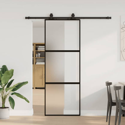 Posuvné Dveře Se Sadou Kování Černé 76X205 Cm Tvrzené Sklo Černá A Matná