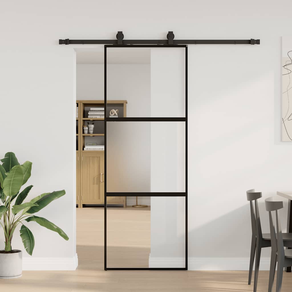 Posuvné Dveře Se Sadou Kování Černé 76X205 Cm Tvrzené Sklo Black, Matt And Transparent