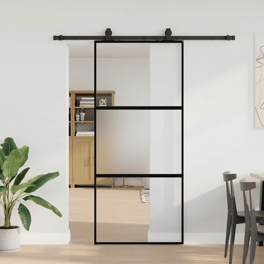 Posuvné Dveře Se Sadou Kování Černé 76X205 Cm Tvrzené Sklo Black, Matt And Transparent