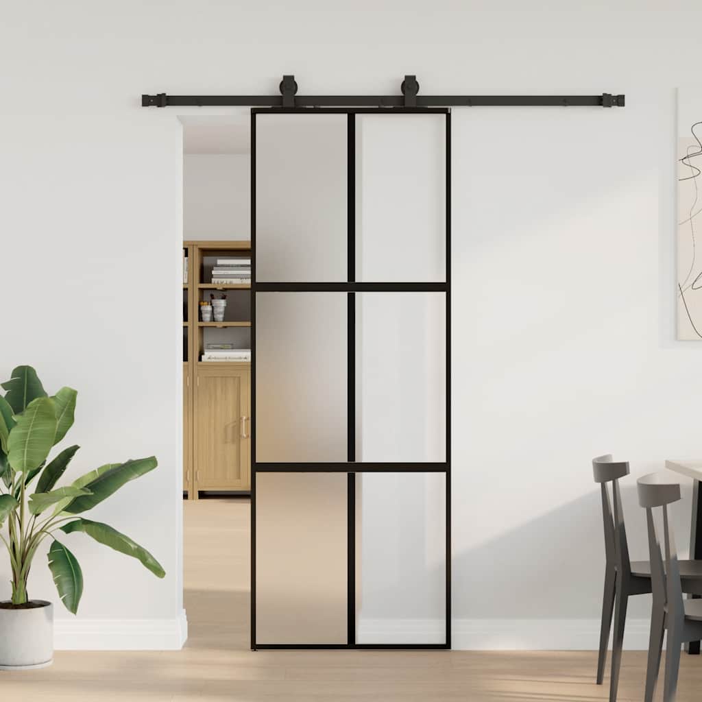 Posuvné Dveře Se Sadou Kování Černé 76X205 Cm Tvrzené Sklo Černá A Matná