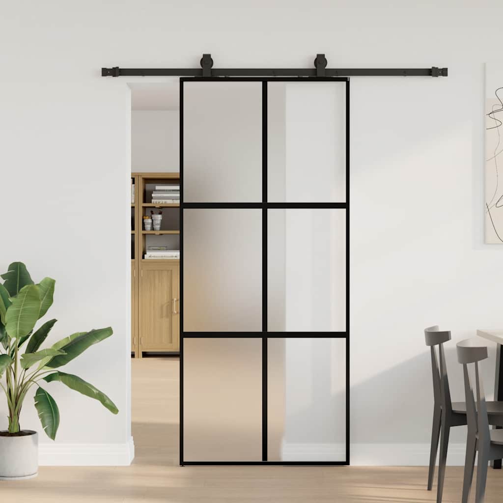 Posuvné Dveře Se Sadou Kování Černé 76X205 Cm Tvrzené Sklo Černá A Matná
