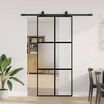 Posuvné Dveře Se Sadou Kování Černé 76X205 Cm Tvrzené Sklo Black, Matt And Transparent
