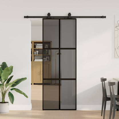 Posuvné Dveře Se Sadou Kování Černé 90X205 Cm Tvrzené Sklo Černá A Tmavě Průhledná