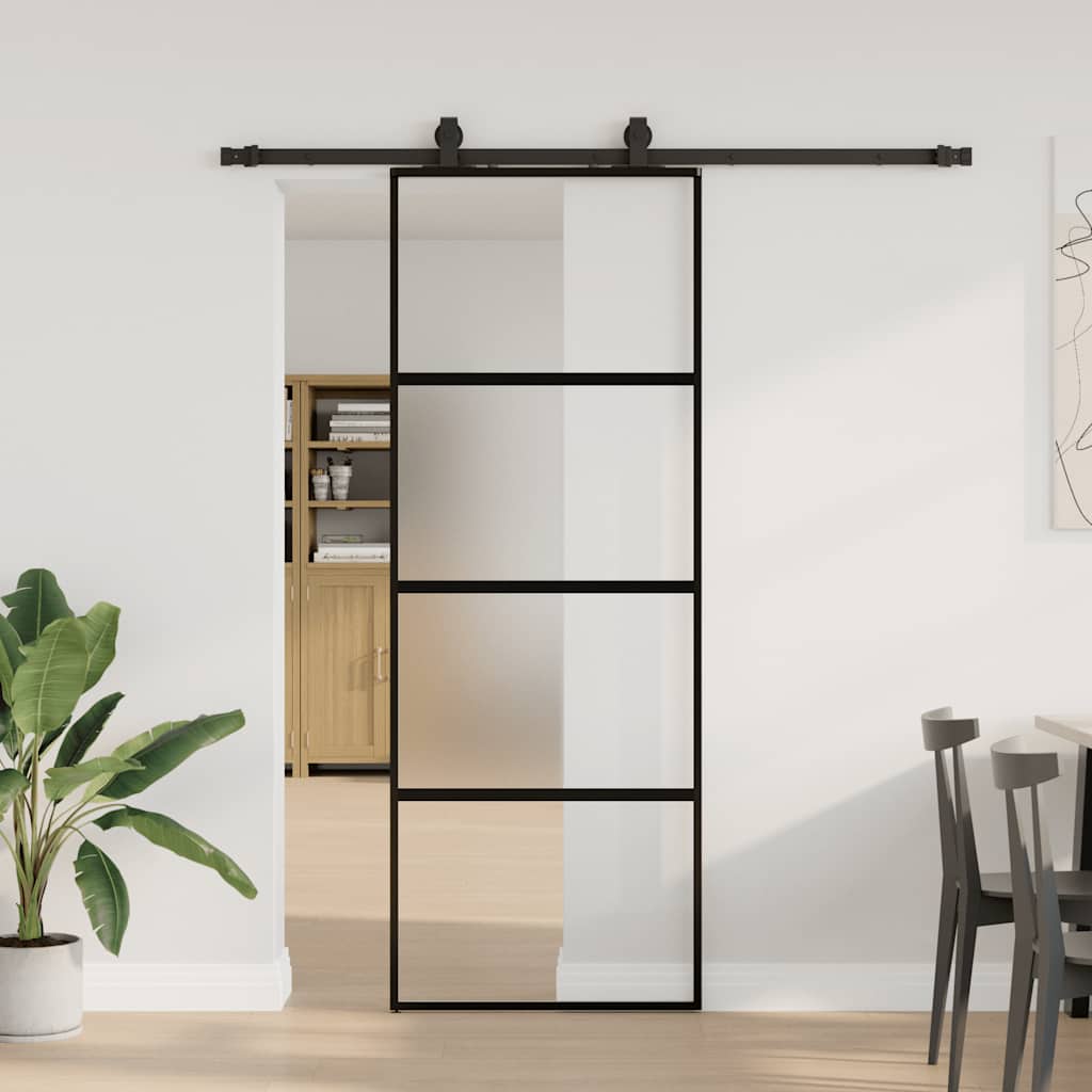 Posuvné Dveře Se Sadou Kování Černé 90X205 Cm Tvrzené Sklo
