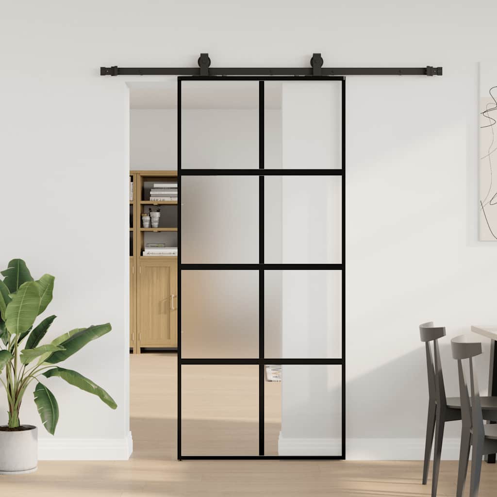 Posuvné Dveře Se Sadou Kování Černé 76X205 Cm Tvrzené Sklo Black, Matt And Transparent