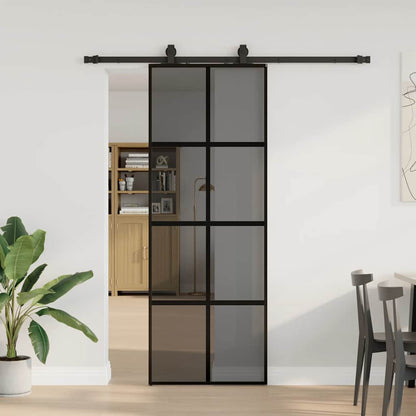 Posuvné Dveře Se Sadou Kování Černé 76X205 Cm Tvrzené Sklo Černá A Tmavě Průhledná