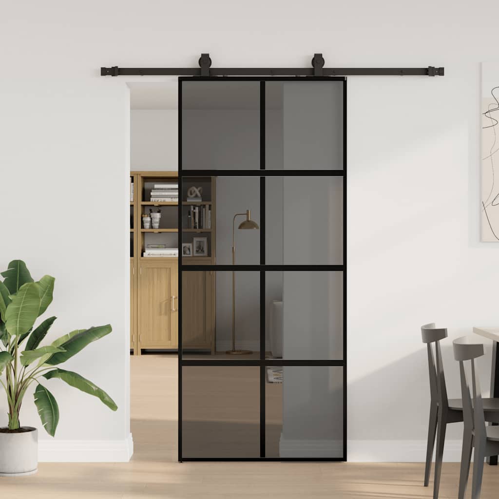 Posuvné Dveře Se Sadou Kování Černé 76X205 Cm Tvrzené Sklo Černá A Tmavě Průhledná