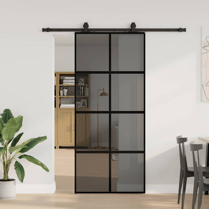 Posuvné Dveře Se Sadou Kování Černé 76X205 Cm Tvrzené Sklo Černá A Tmavě Průhledná